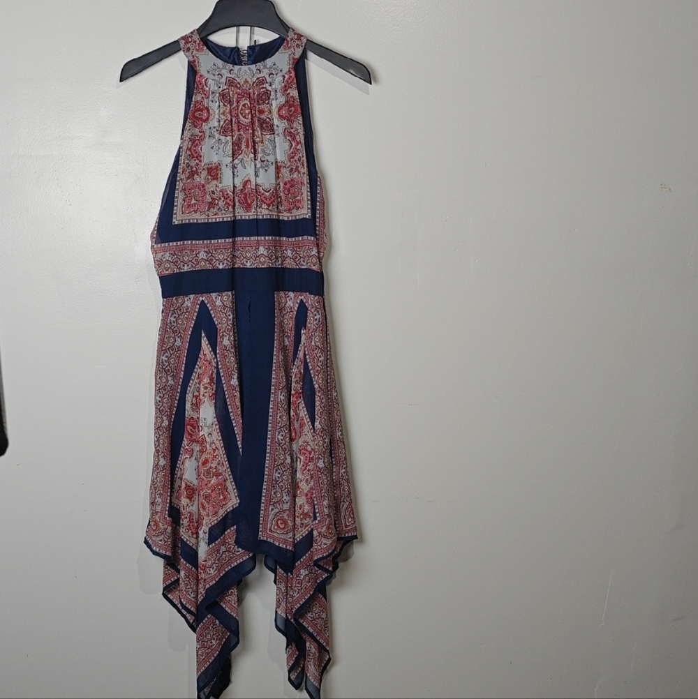 New York & Company Navy and Red Halter Jumpsuit